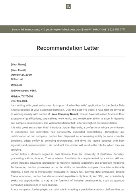 Sample Letter Of Recommendation Template