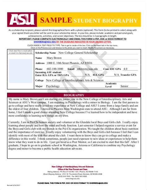 Sample Student Biography Template