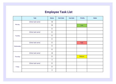 Sample Task List Template