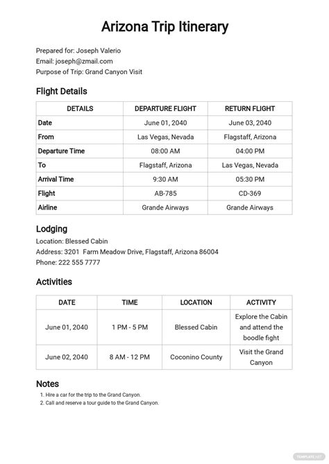 Sample Tour Itinerary Template