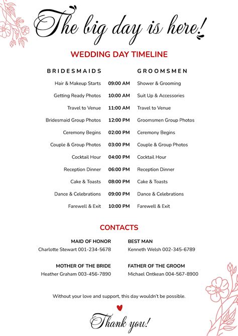 Sample Wedding Day Timeline Template