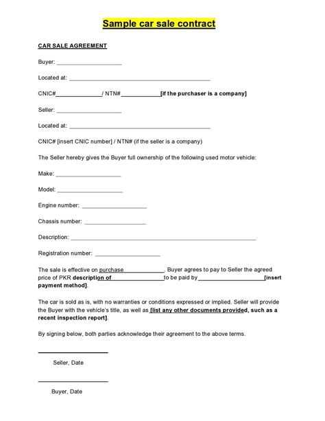 Second Hand Car Sale Contract Template
