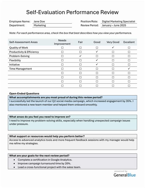 Self Evaluation For Performance Review Template