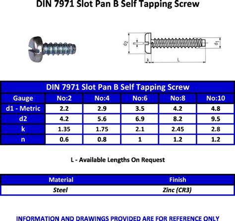 Self Tapping Screw Size Chart