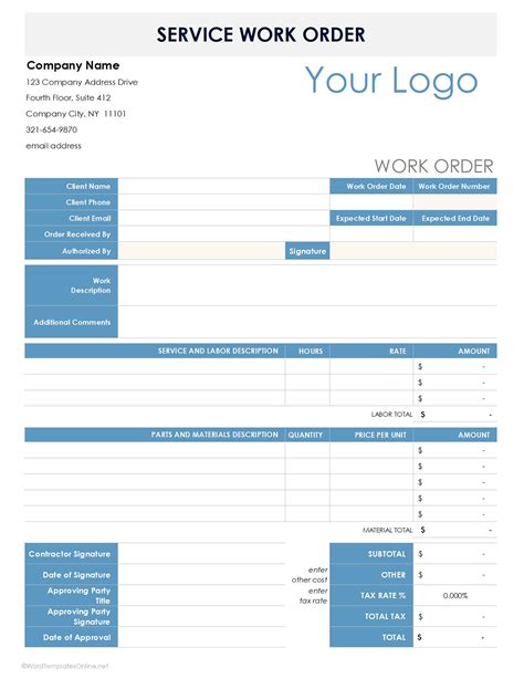 Service Work Order Template