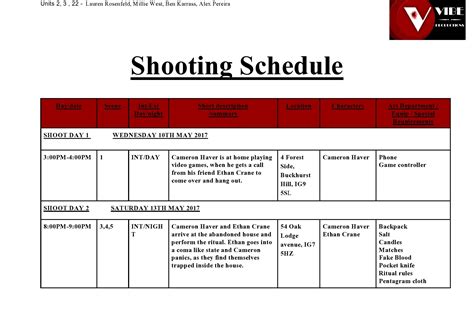 Shoot Schedule Template