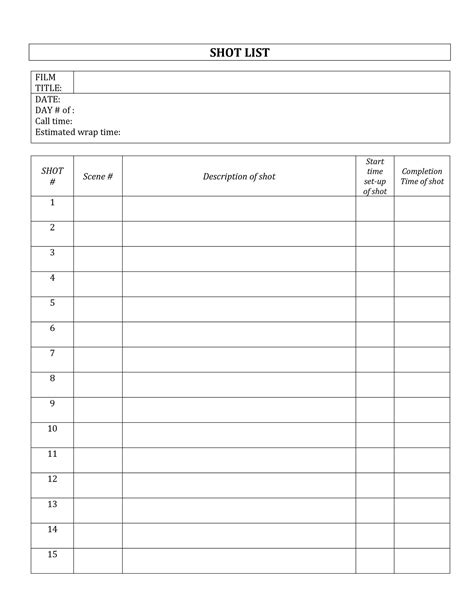 Shot List Template For Film