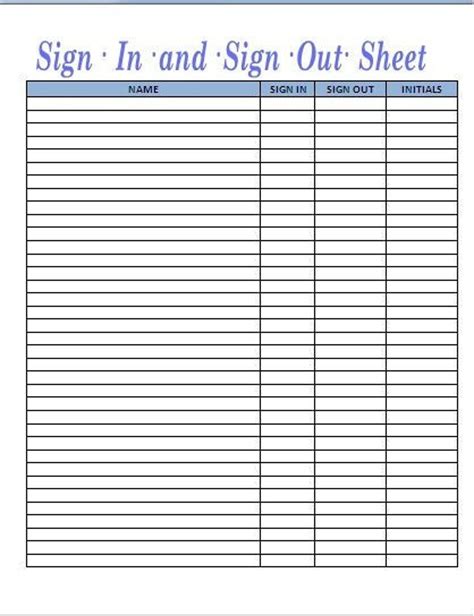 Sign In And Sign Out Sheet Template