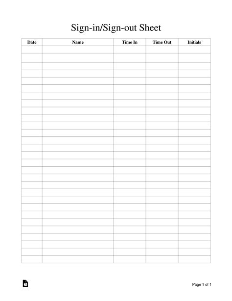 Sign In Sign Out Sheet Template