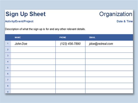 Sign Up Sheet Excel Template