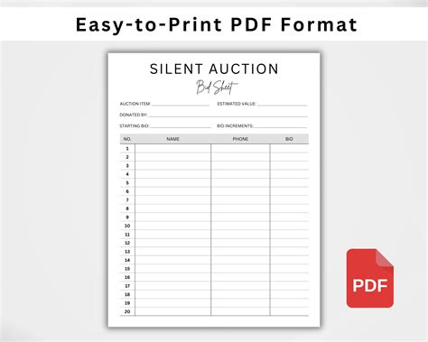 Silent Auction Sign Up Sheet Template