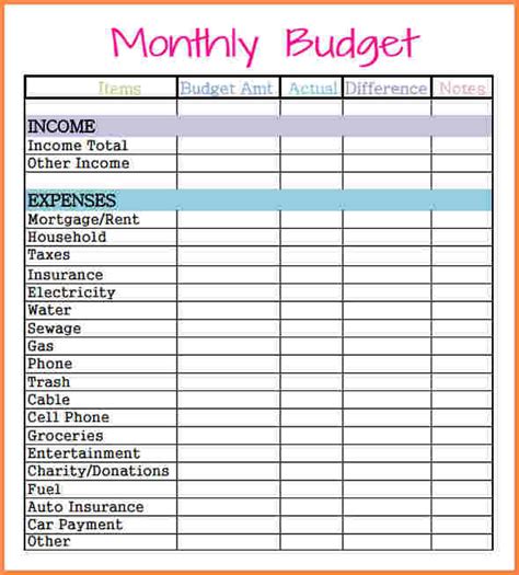 Simple Excel Monthly Budget Template