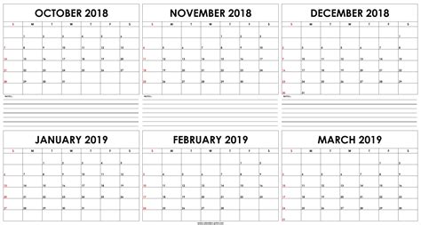 Six Month Calendar Template