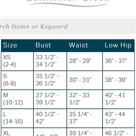Size Chart For Coldwater Creek