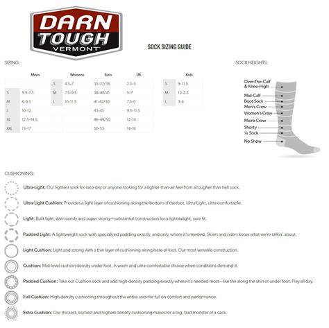 Size Chart For Darn Tough Socks