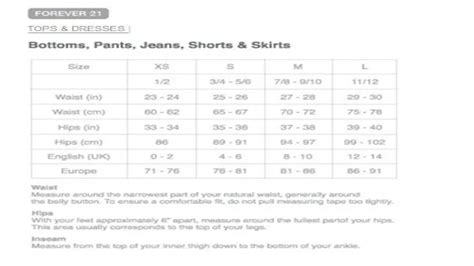 Size Chart Forever 21 Pants