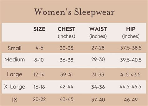 Sleepwear Size Chart