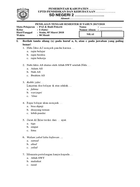 Soal PAI Kelas 1 Semester 2 2021 di Indonesia