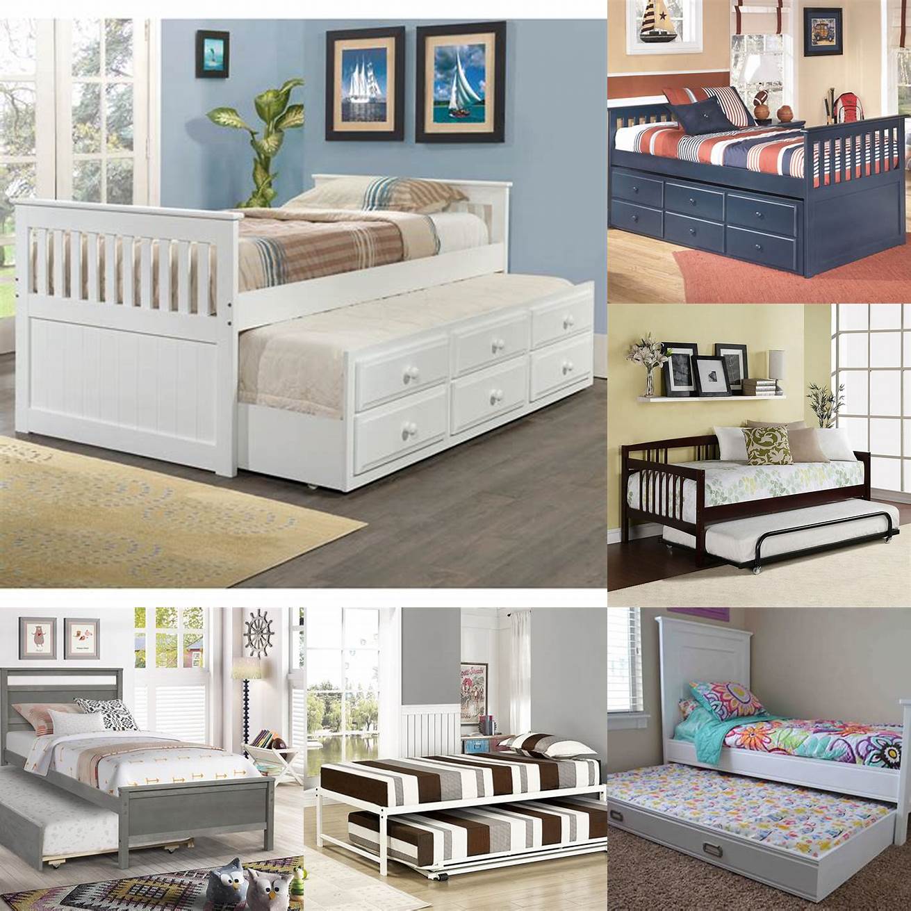 Standard twin beds with trundle This type of bed features a twin-size trundle bed that can fit under a twin-size bed frame It is the most common type of twin bed with trundle and is perfect for kids rooms or guest rooms