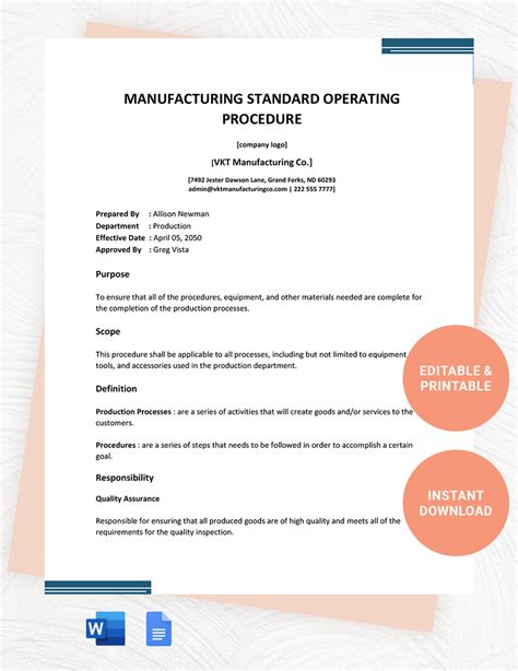 Standard Operating Procedure Manufacturing Template