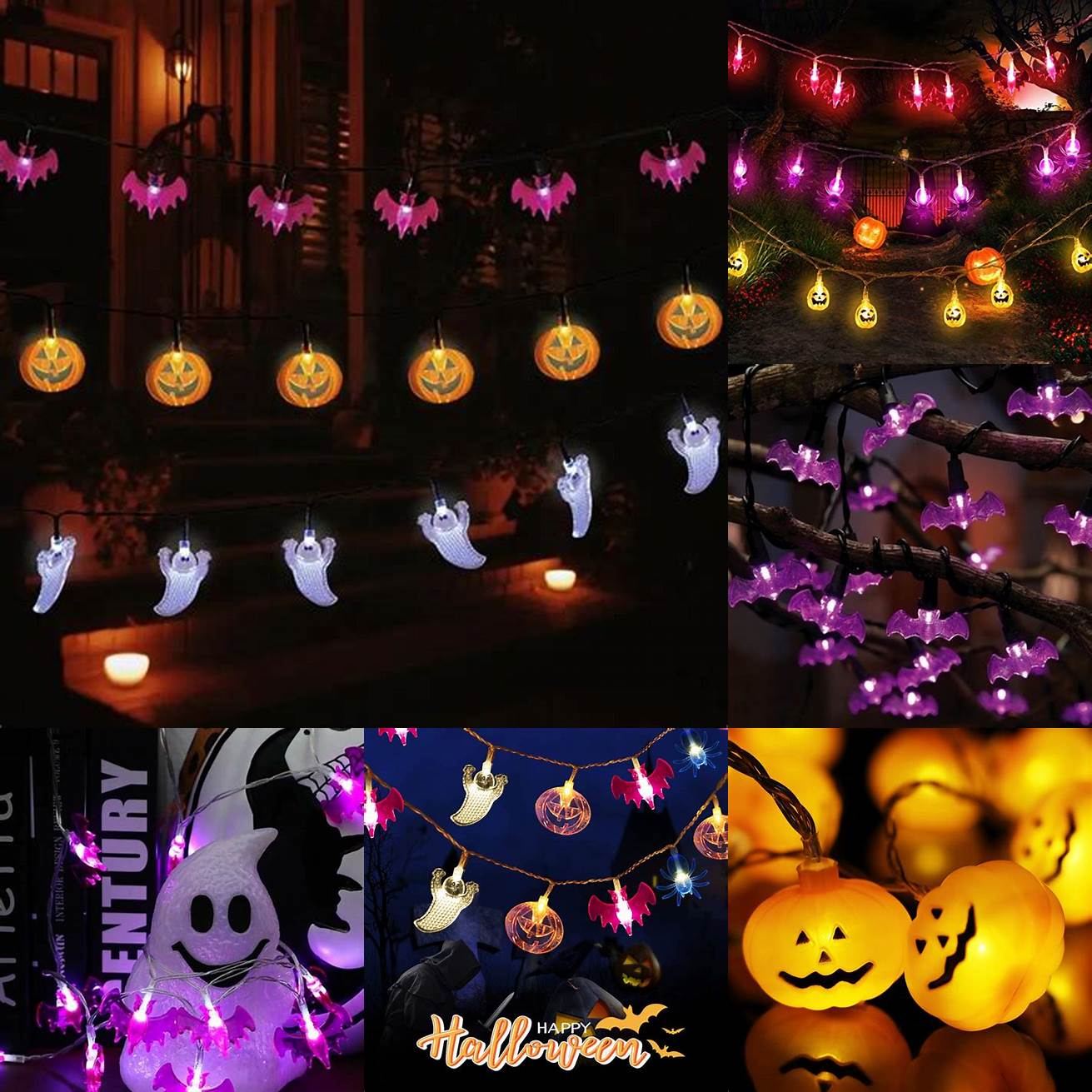 String lights in the shape of bats or pumpkins