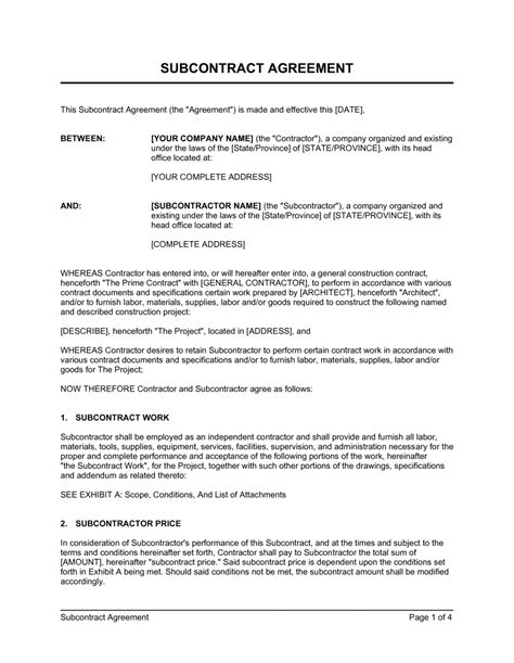 Subcontract Agreement Template