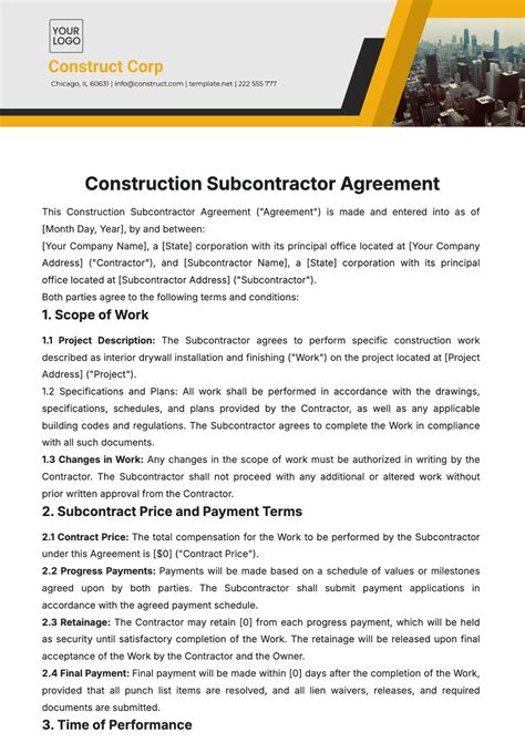 Subcontractor Agreement Template For Construction