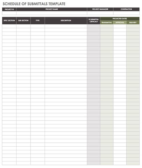 Submittal Schedule Template