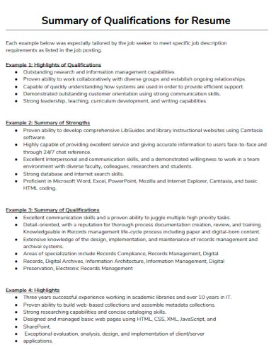 Summary Of Qualifications Template