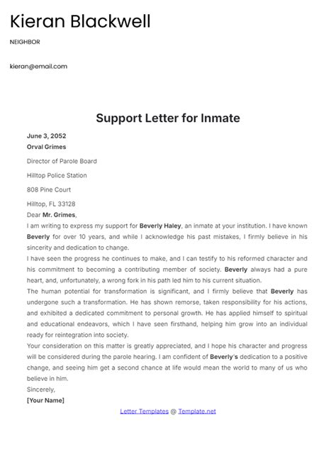 Support Letters For Inmates To Be Released Templates