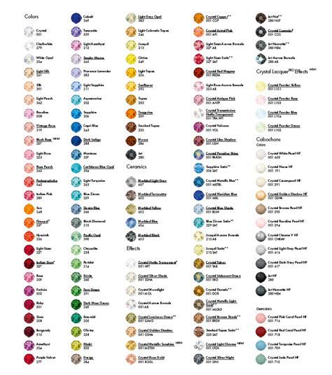 Swarovski Crystal Colour Chart