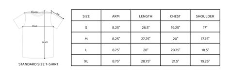 T Shirt Standard Size Chart