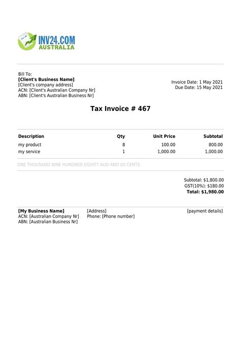 Tax Invoice Template Australia