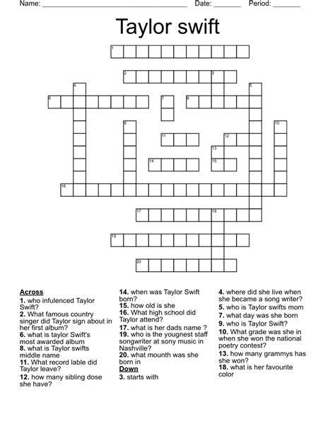 Taylor Swift Crossword Puzzle Printable