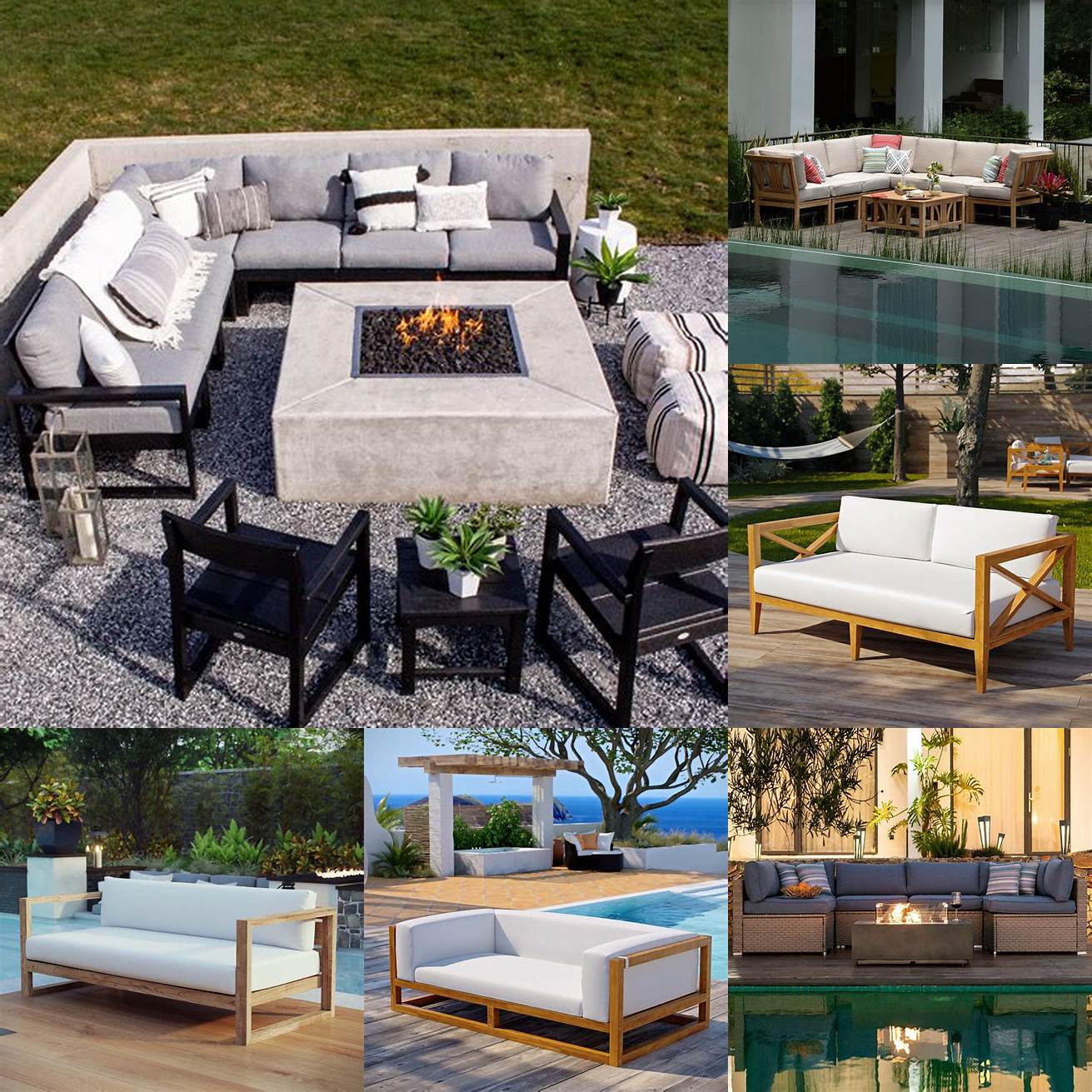Teak Outdoor Sofa by a Fire Pit