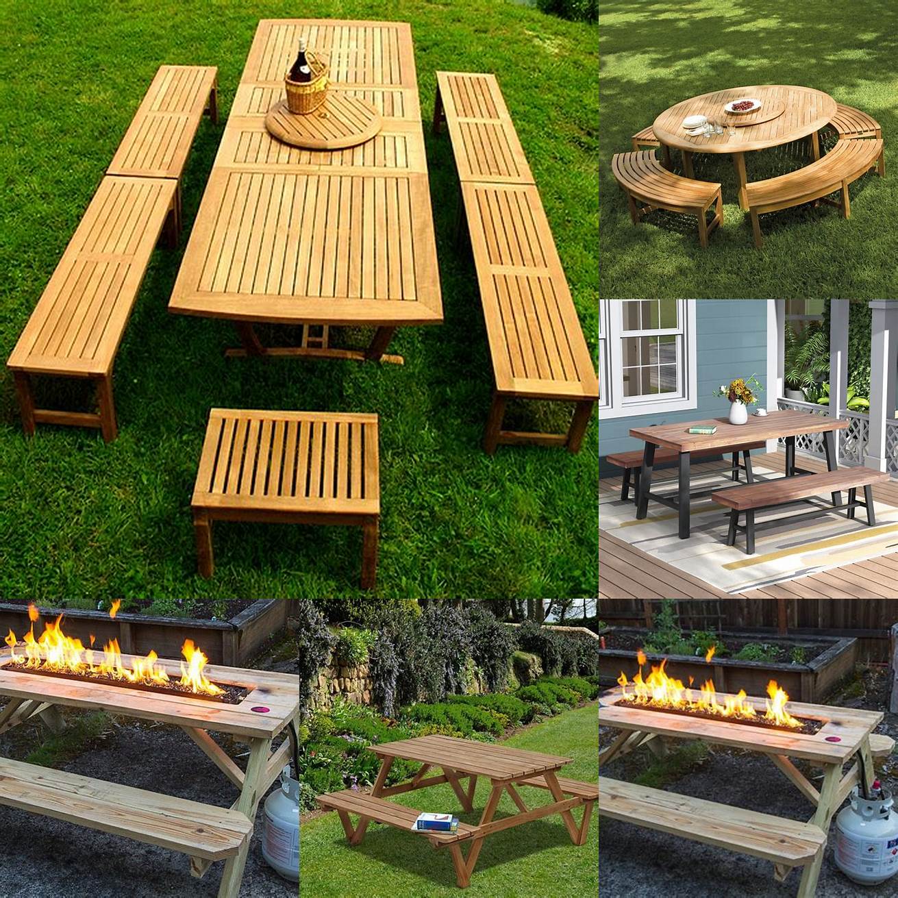 Teak Picnic Table and Benches With Fire Pit
