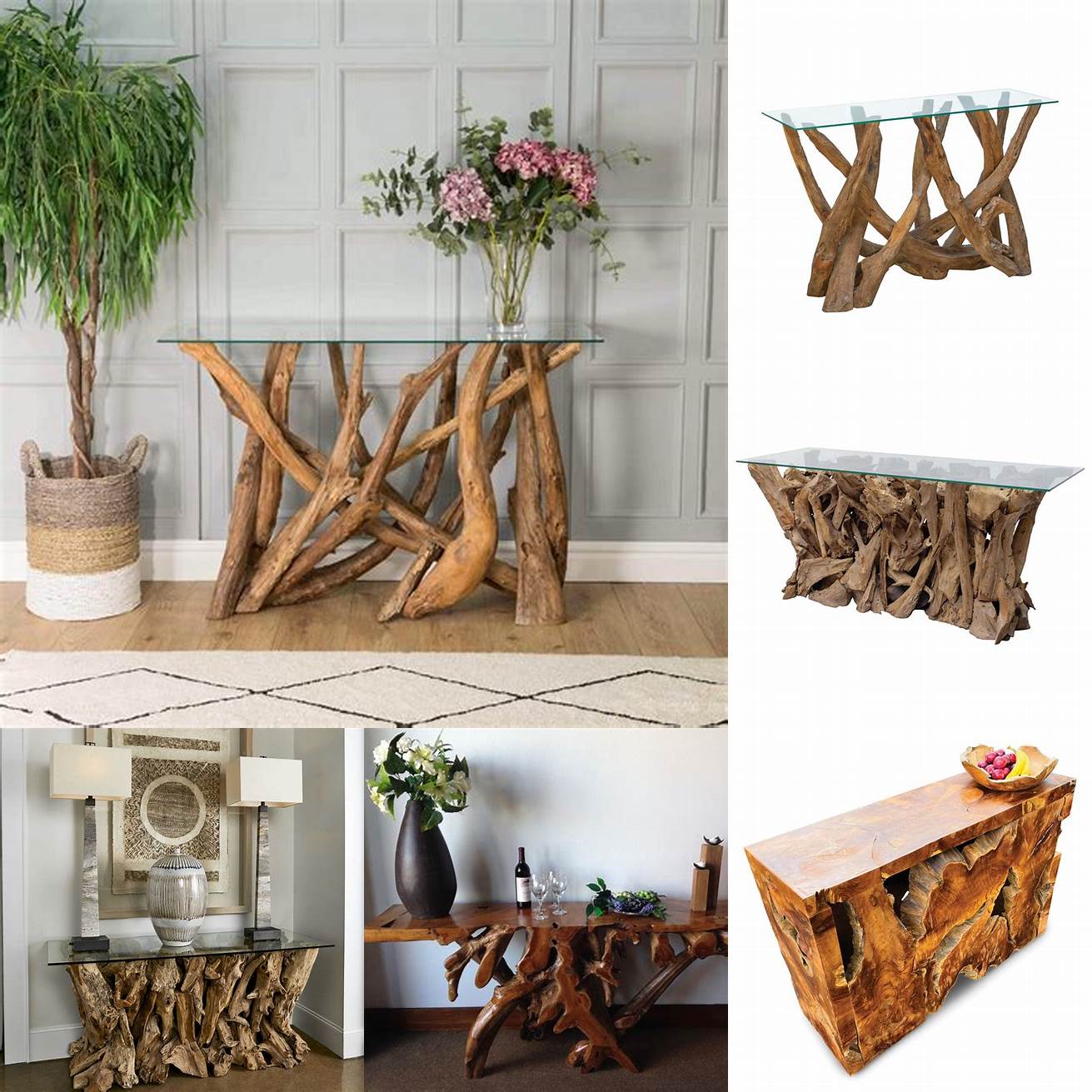 Teak Root Console Table with Basket