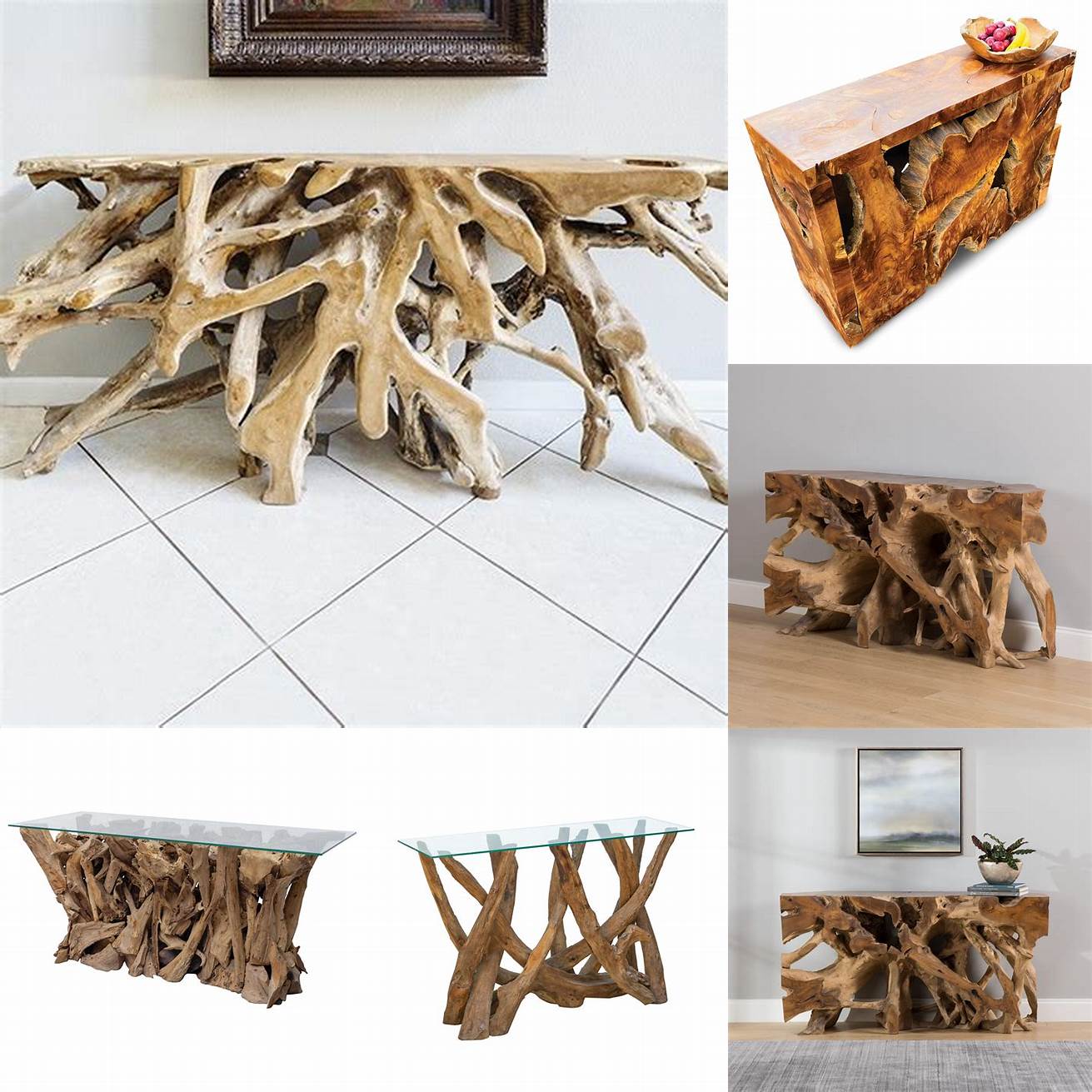 Teak Root Console Table with Carvings