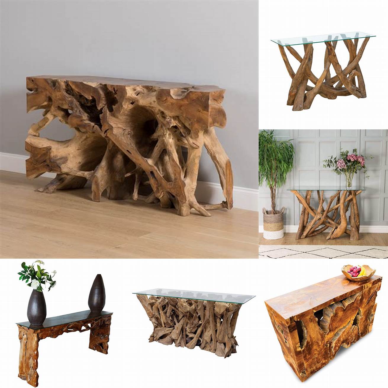 Teak Root Console Table with Chairs