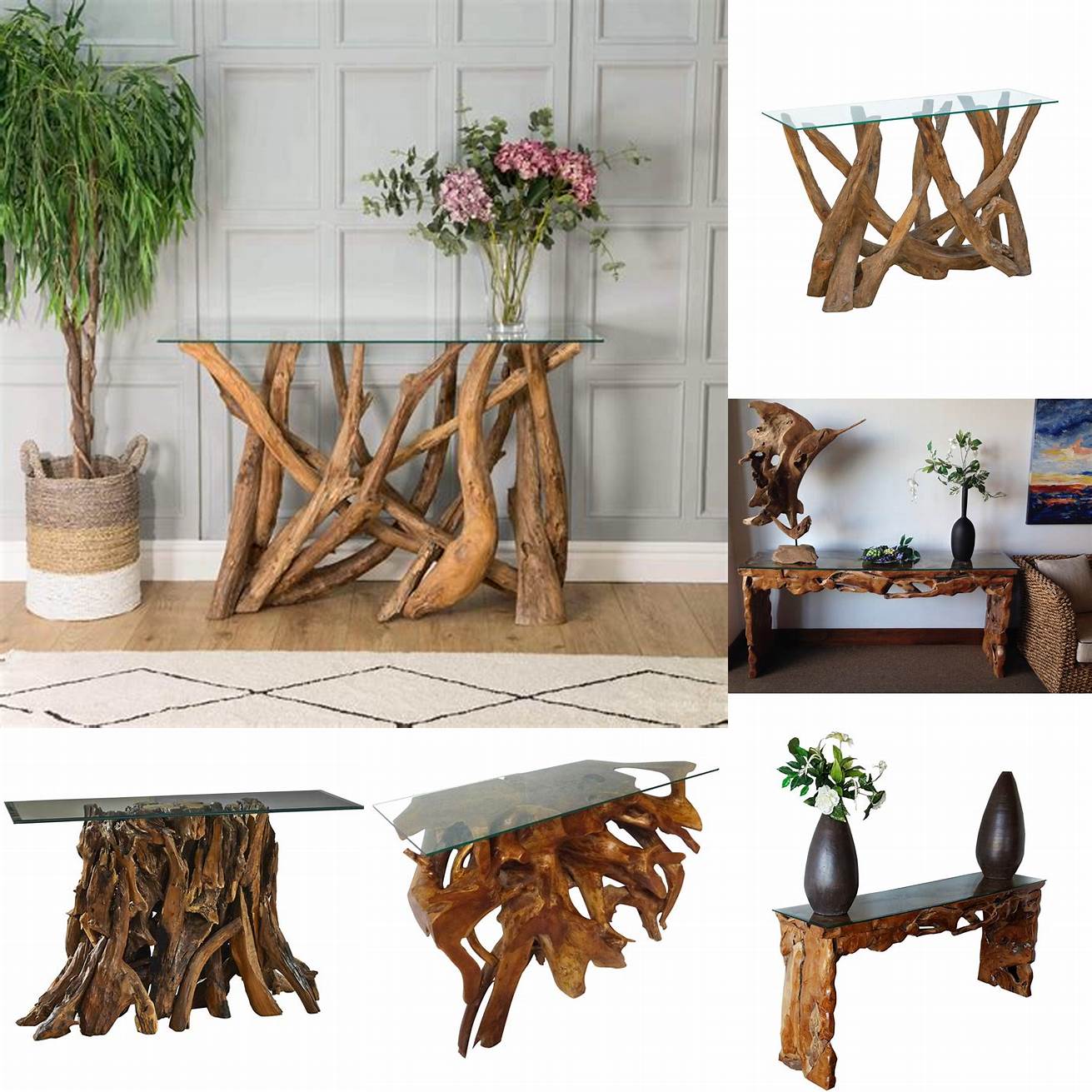 Teak Root Console Table with Glass Top