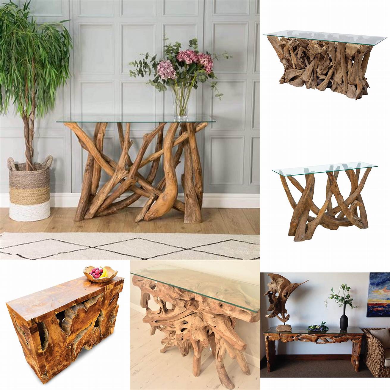 Teak Root Console Table with Shelf
