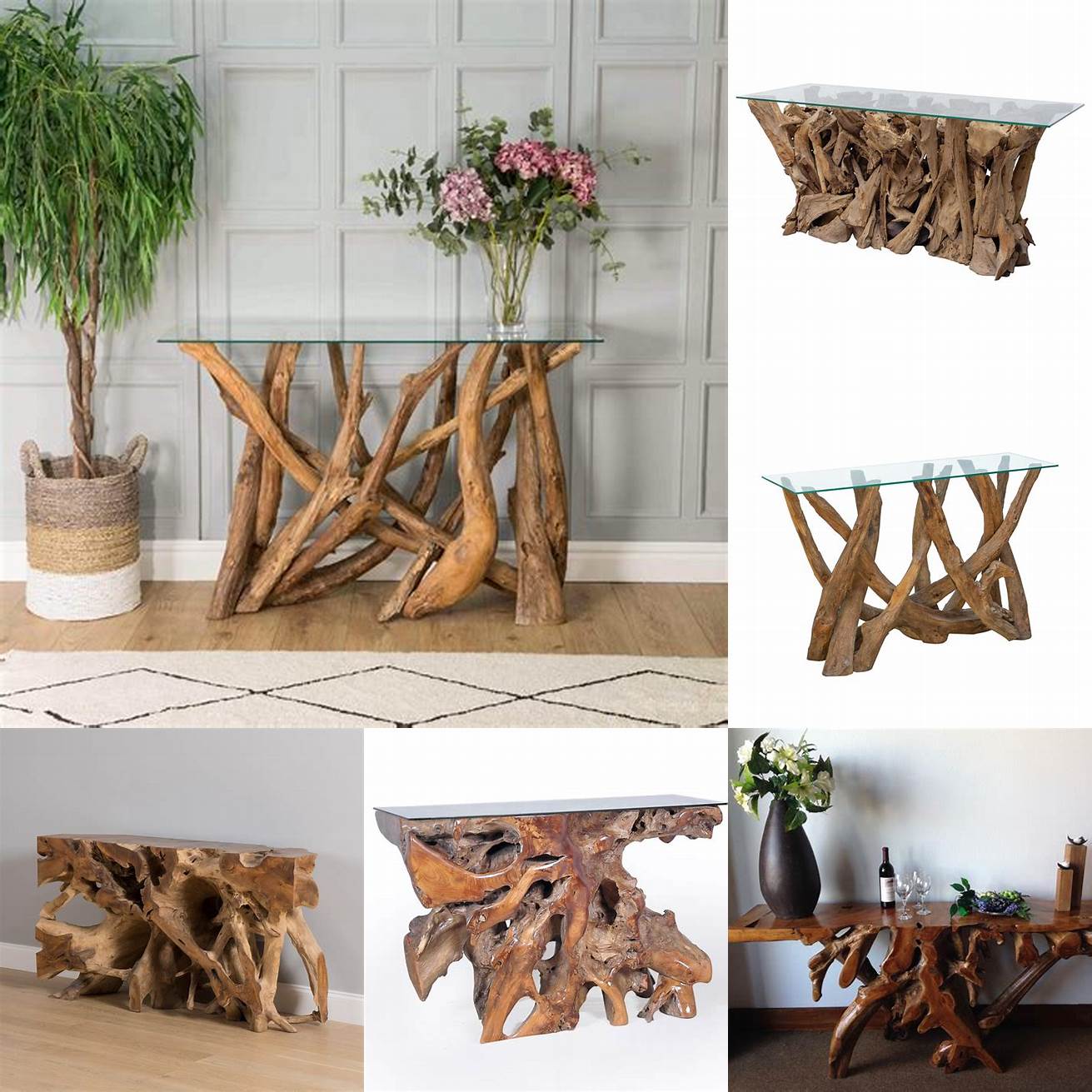Teak Root Console Table with Shelves