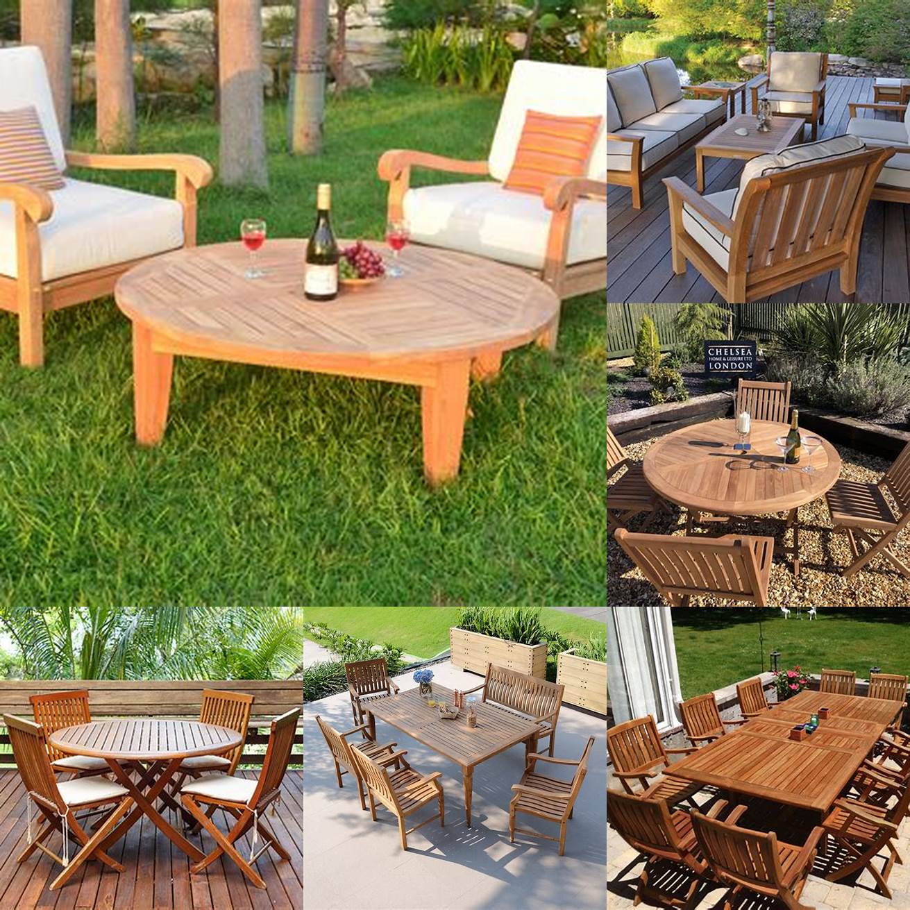 Teak furniture in a shady outdoor setting