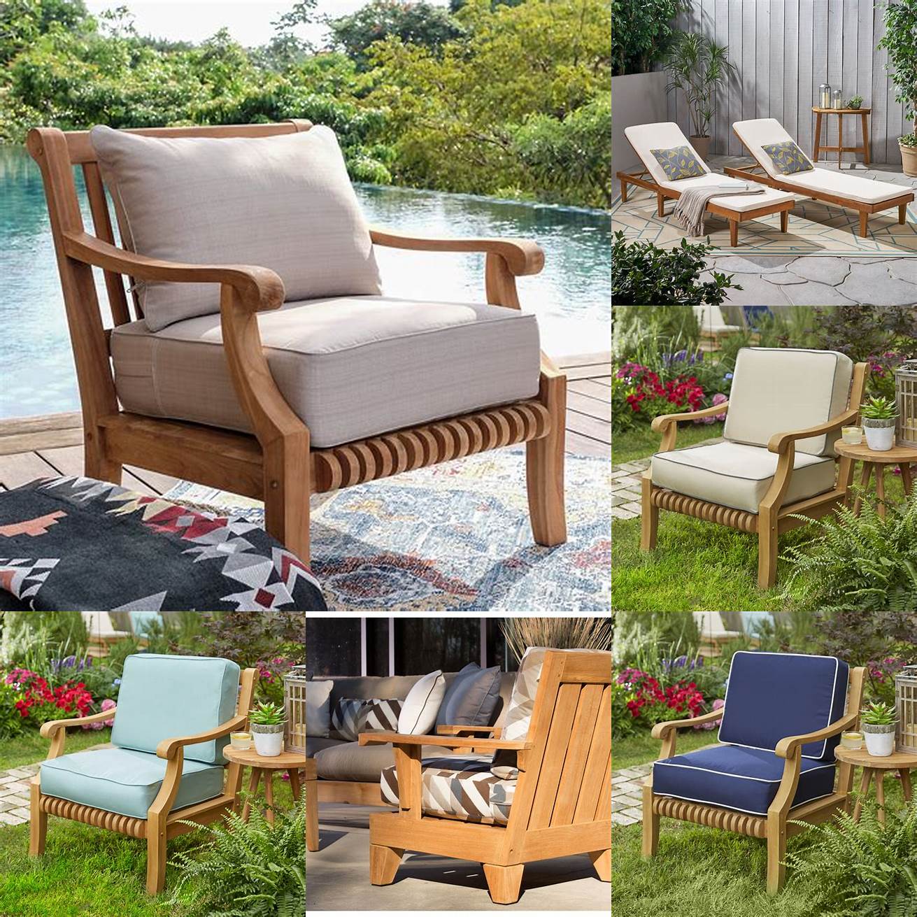 Teak lounge chairs with cushions