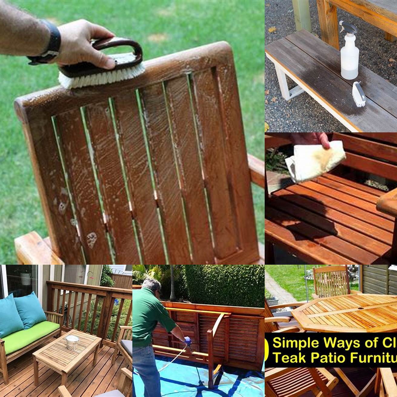 Teak outdoor furniture being cleaned with a mild soap and water solution