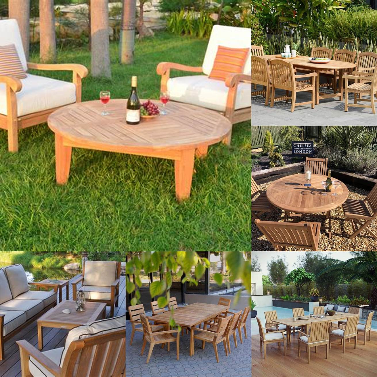 Teak outdoor furniture in direct sunlight