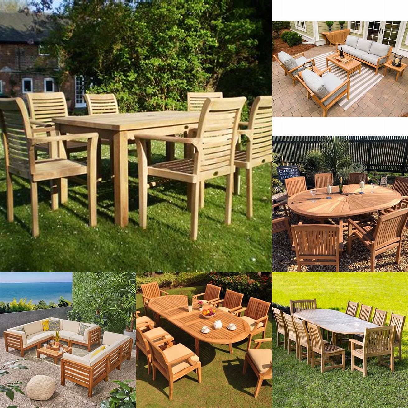 Teak outdoor furniture set in a backyard