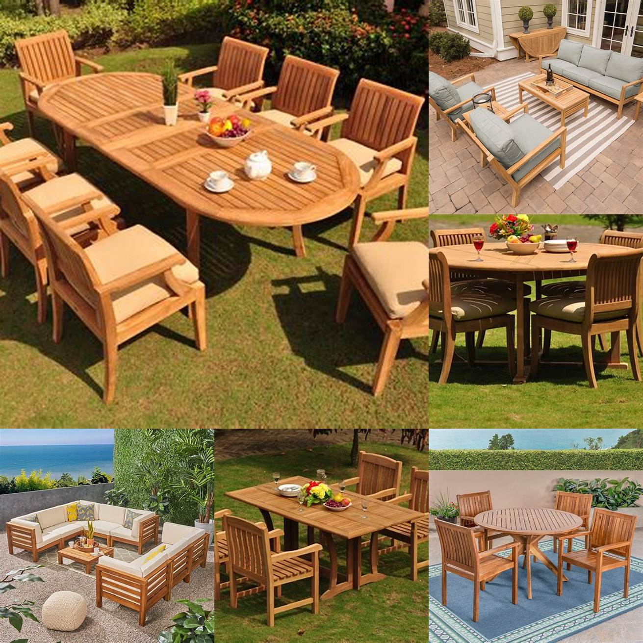 Teak outdoor furniture set on a patio