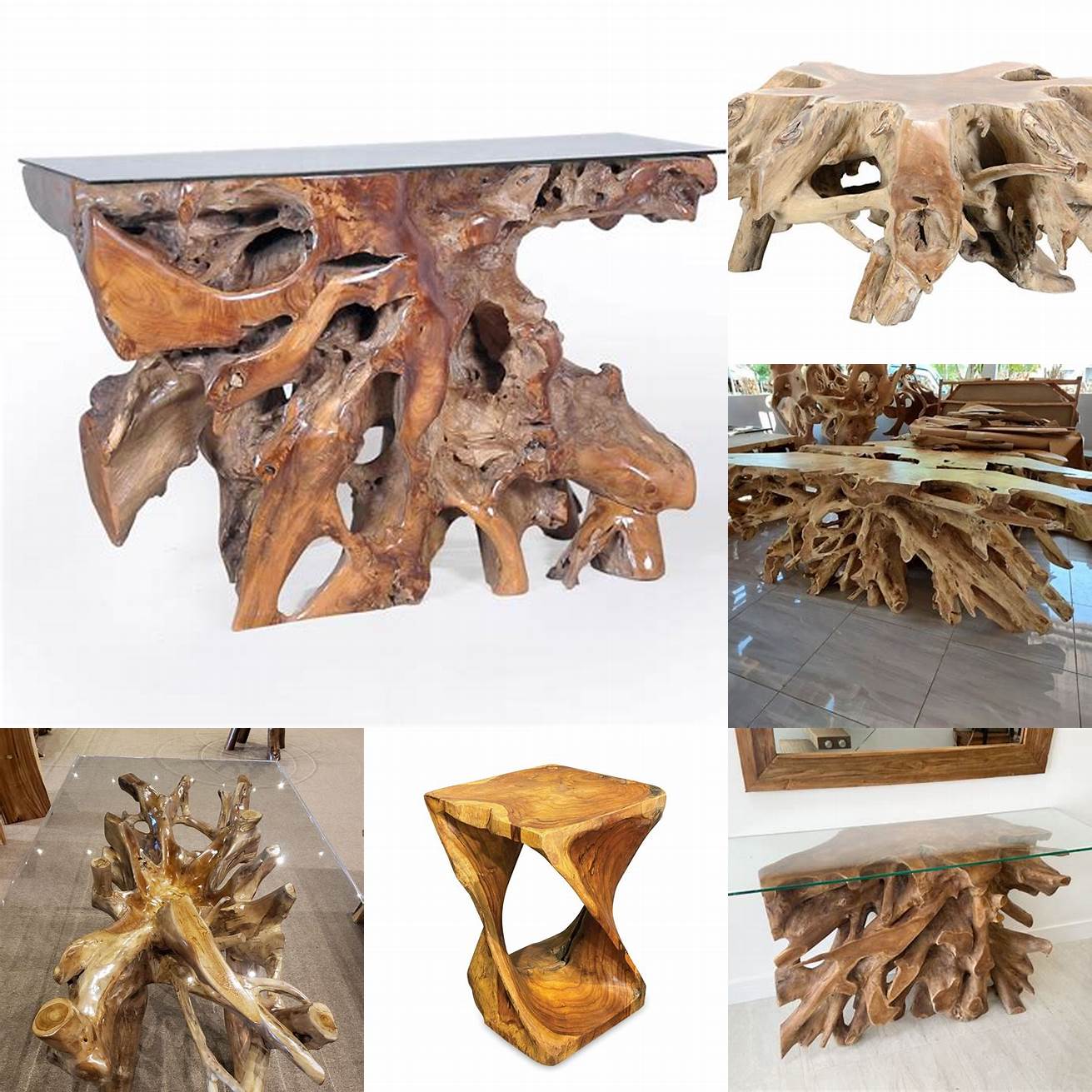 Teak root furniture close-up images