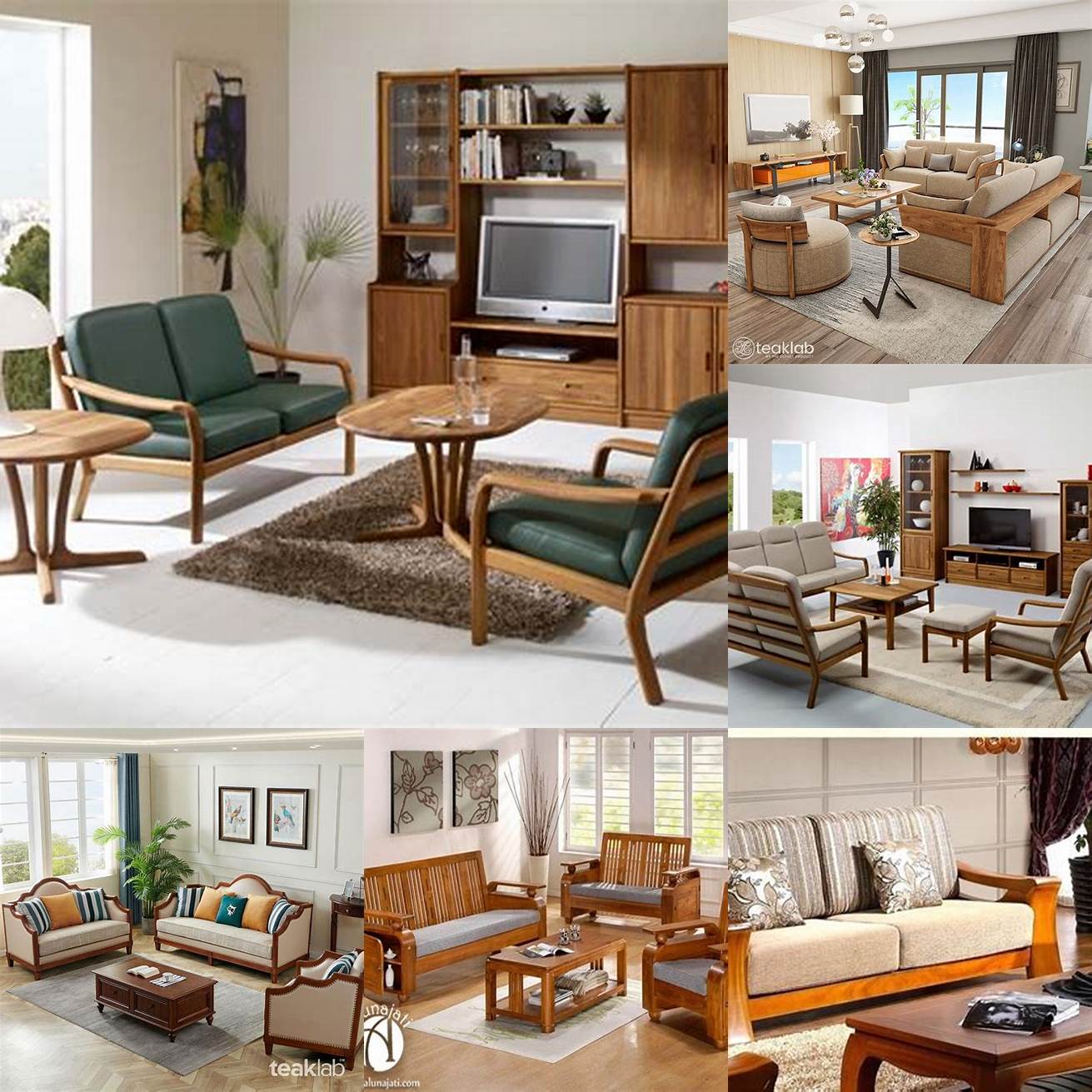 Teak wood furniture in a modern living room